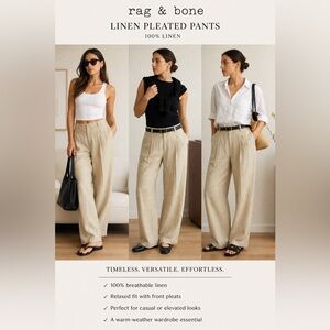 rag & bone Beige Linen Pleated Wide-Leg Pants